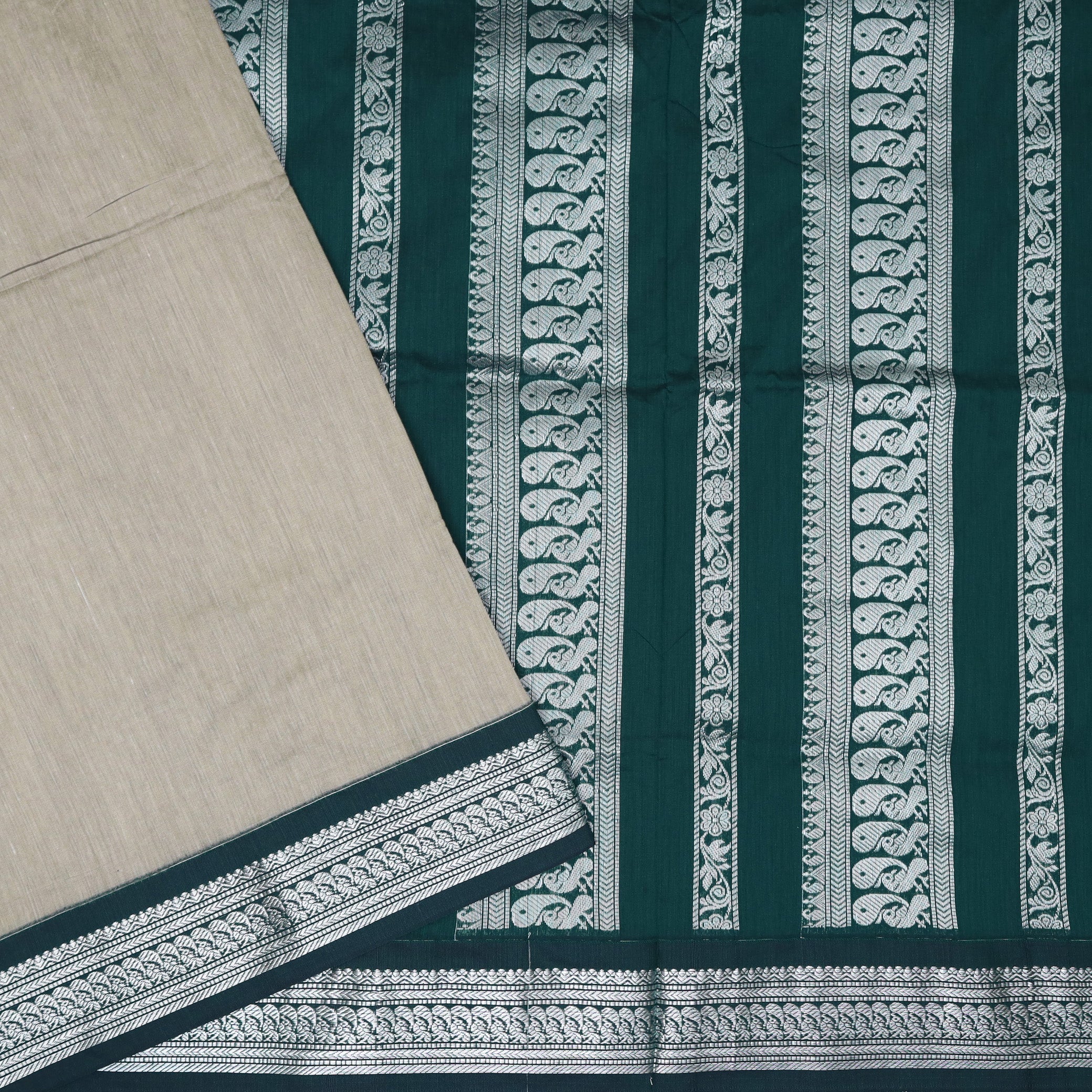 off-white with deep green Premium Quality Kalyani Cotton Saree