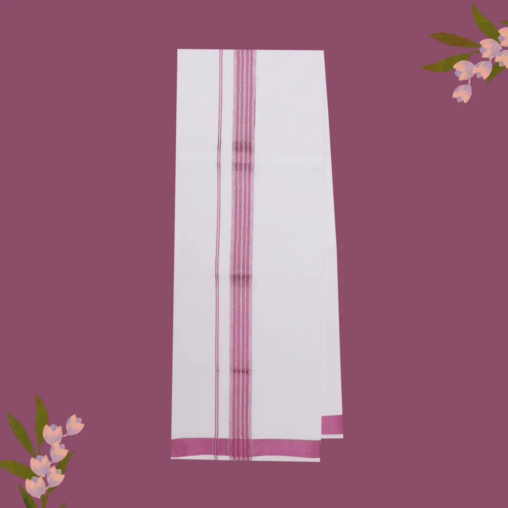 White with Pink Fancy Jari Border Single Layer Cotton Men’s Dhoti