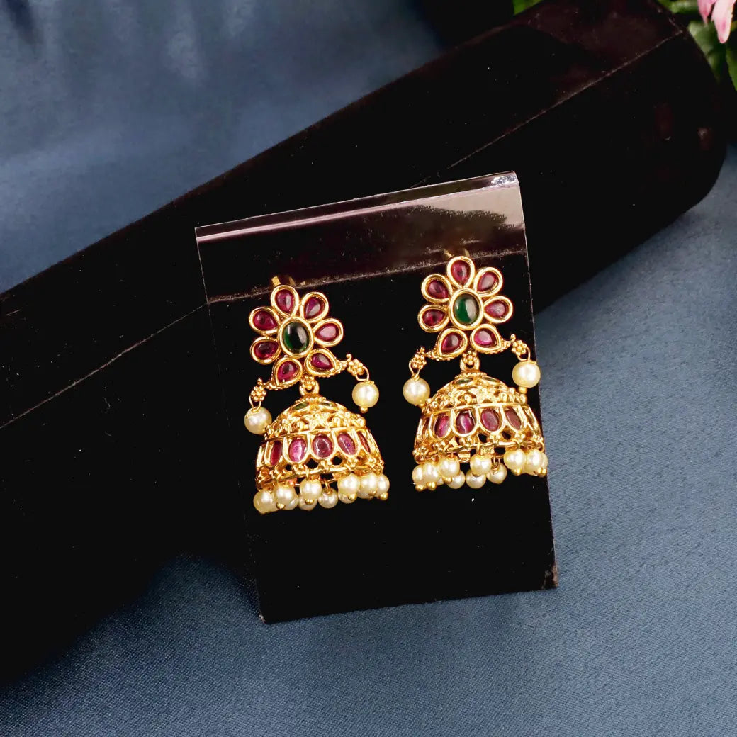 JHUMKI EARRINGS with  RED&GREEN  stone and pearl hangings