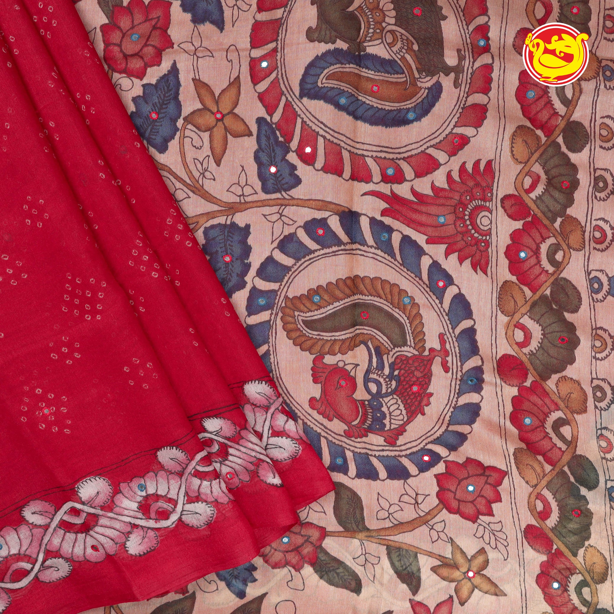 Bright red semi linen saree with mirror embroidery