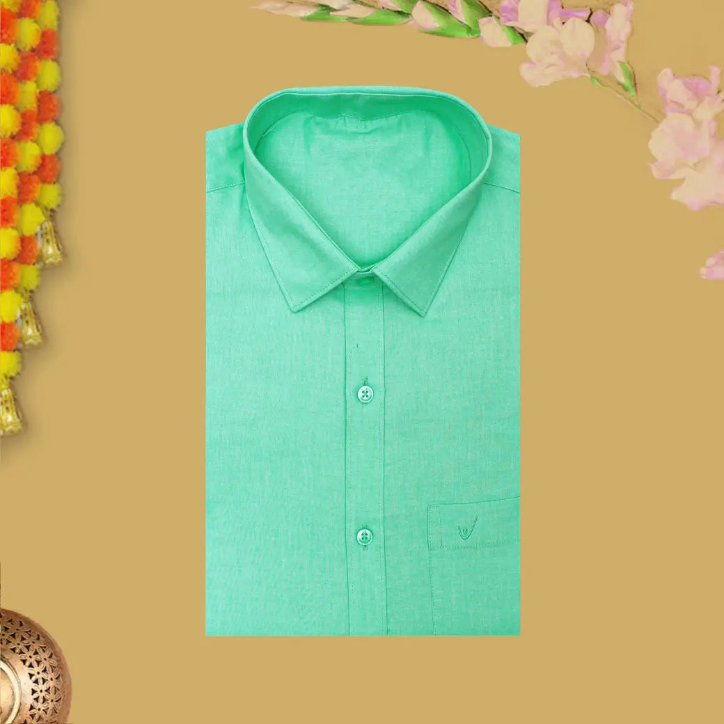 Green With White Cotton Readymade Shirt and Double Matching Border Dhoti Set For Men