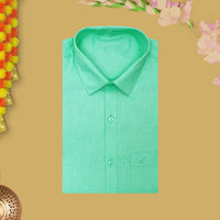 Green With White Cotton Readymade Shirt and Double Matching Border Dhoti Set For Men