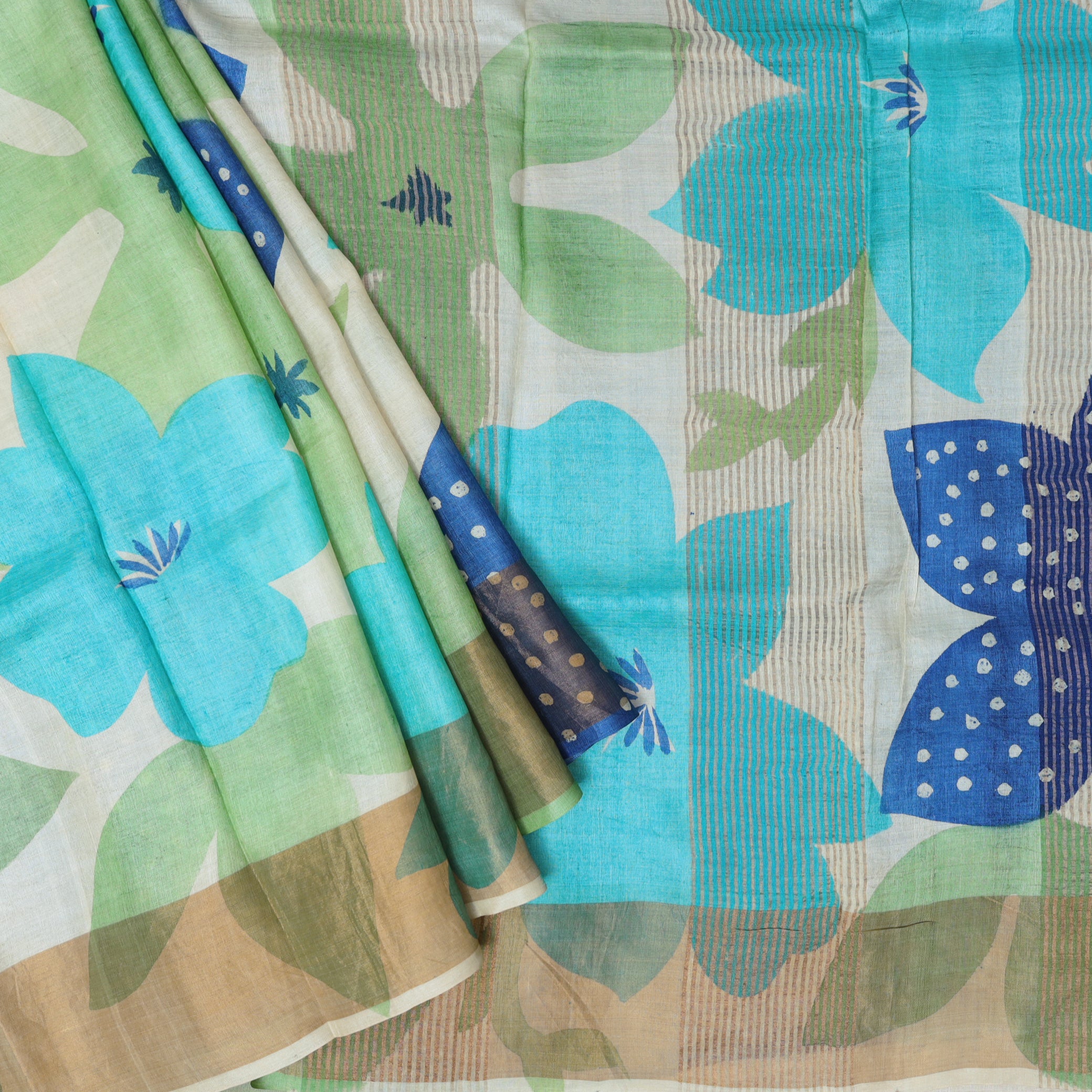Pure Tussar Silk Saree Multi Colour With Floral Design and Painted Prints and Zari Woven Border
