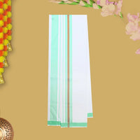 Green With White Cotton Readymade Shirt and Double Matching Border Dhoti Set For Men