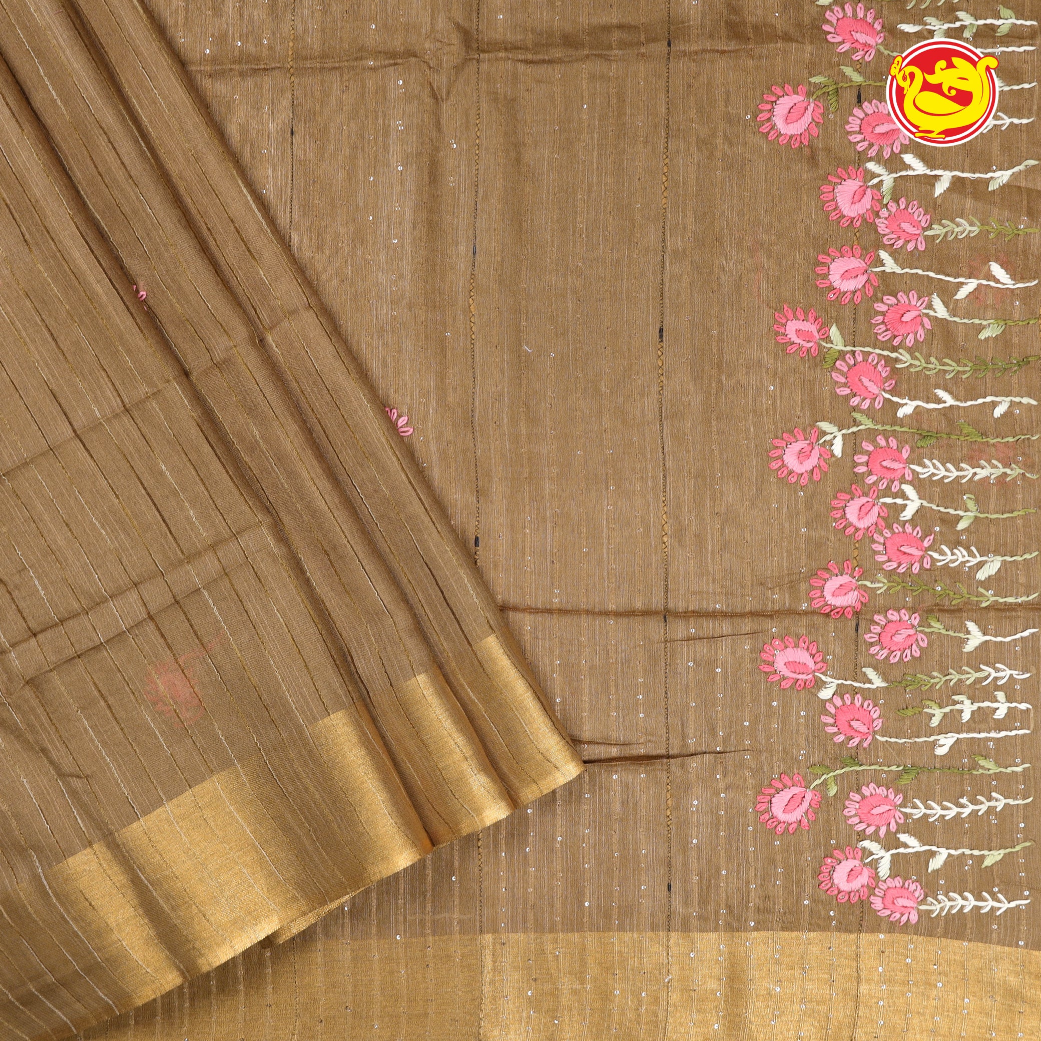 Beige fancy cotton saree with embroidery