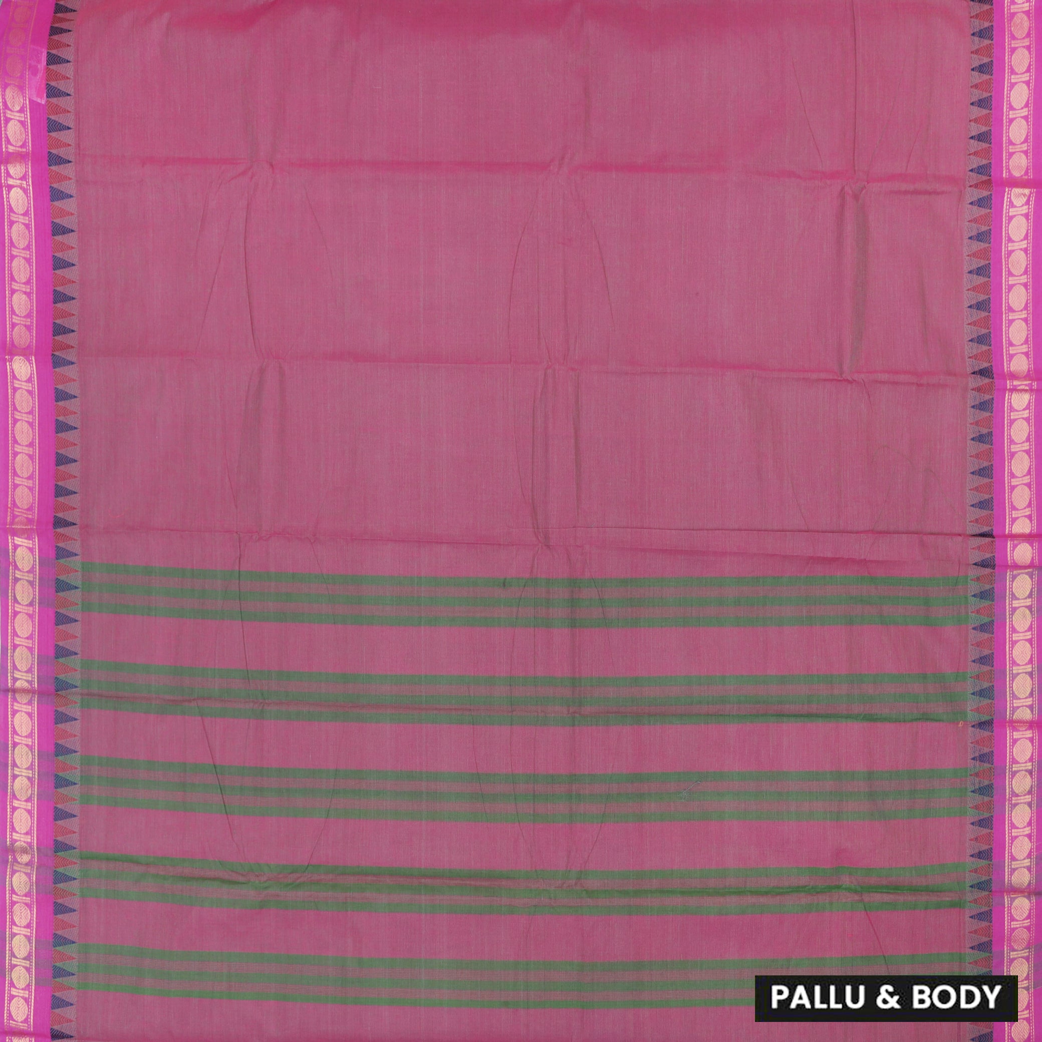 Light Rani Pink With Green Pure Chettinad Cotton Saree without Blouse