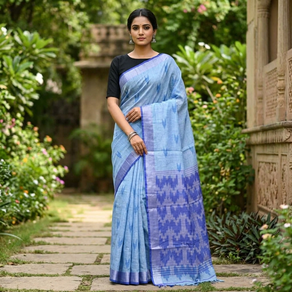 Light Blue With Royal Blue Trendy Linen Saree