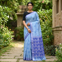 Light Blue With Royal Blue Trendy Linen Saree