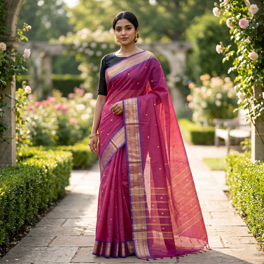 Dark Pink With Copper Zeri  Checked Pure Cotton Saree