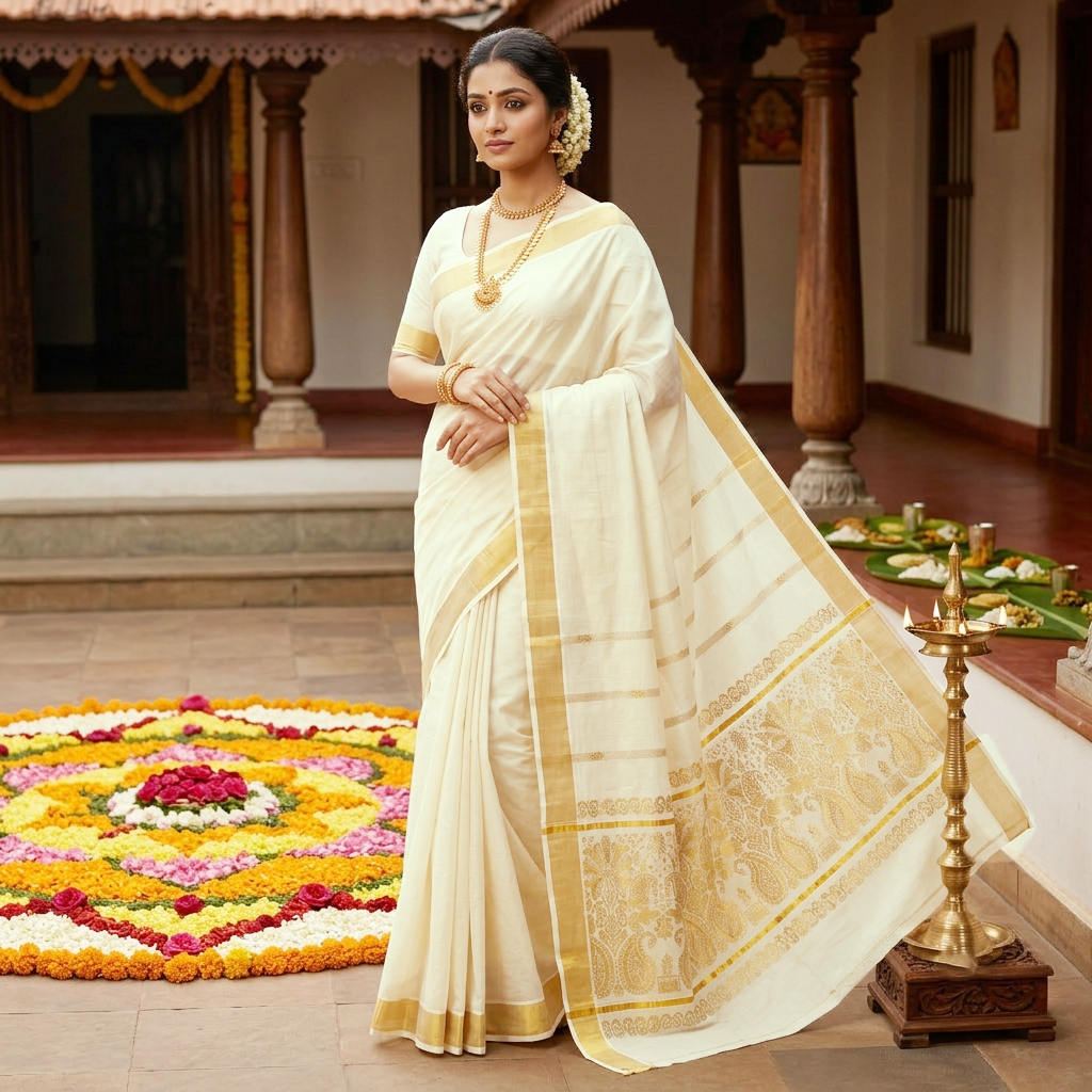 Off White With Metallic Gold Zeri  Checked traditional kerala onam saree