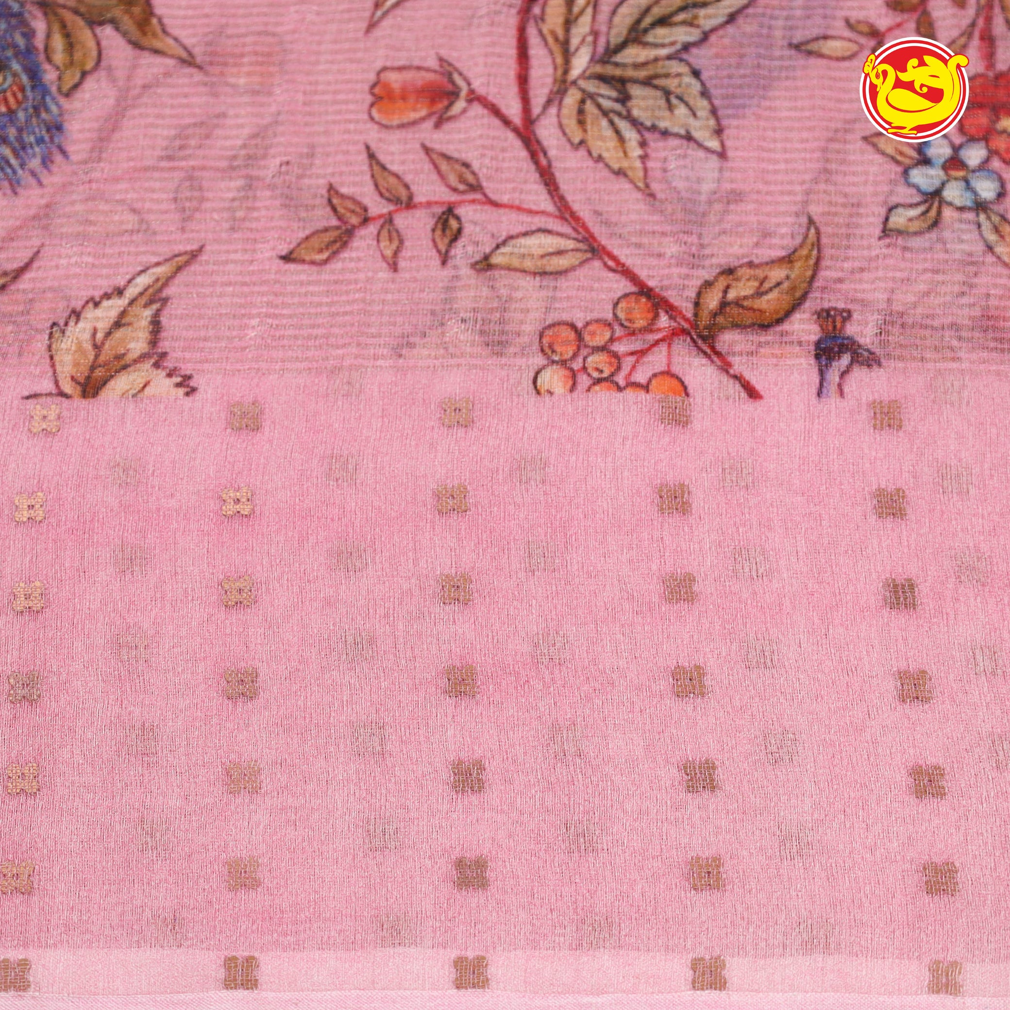 Light pink muslin silk saree with floral digital prints and sequence weaving