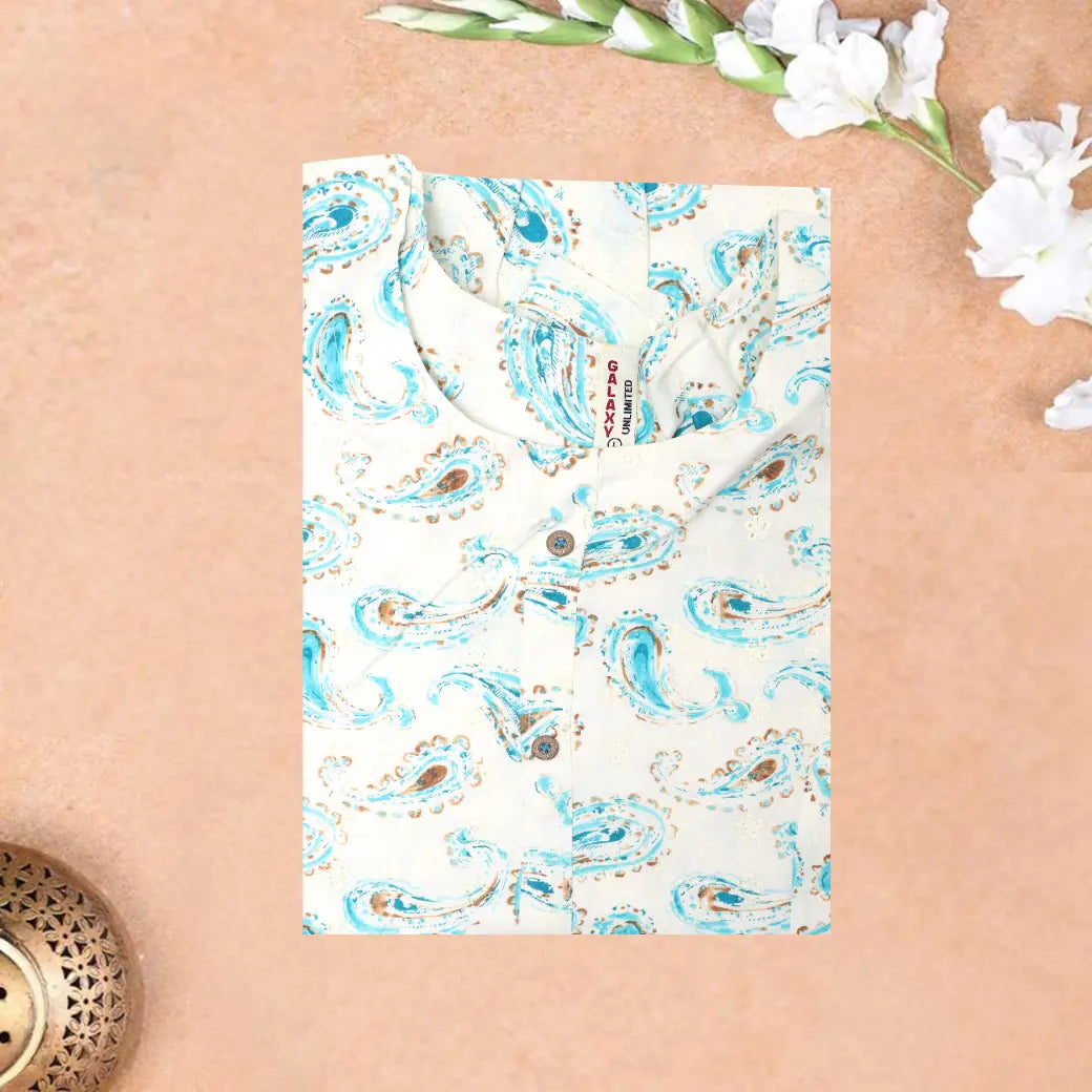 White with Blue Printed Ladies Branded Readymade Long Top