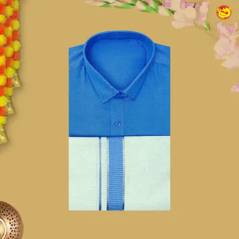 Royal Blue Colour Readymade Shirt And Matching Border Dhoti Set for Men