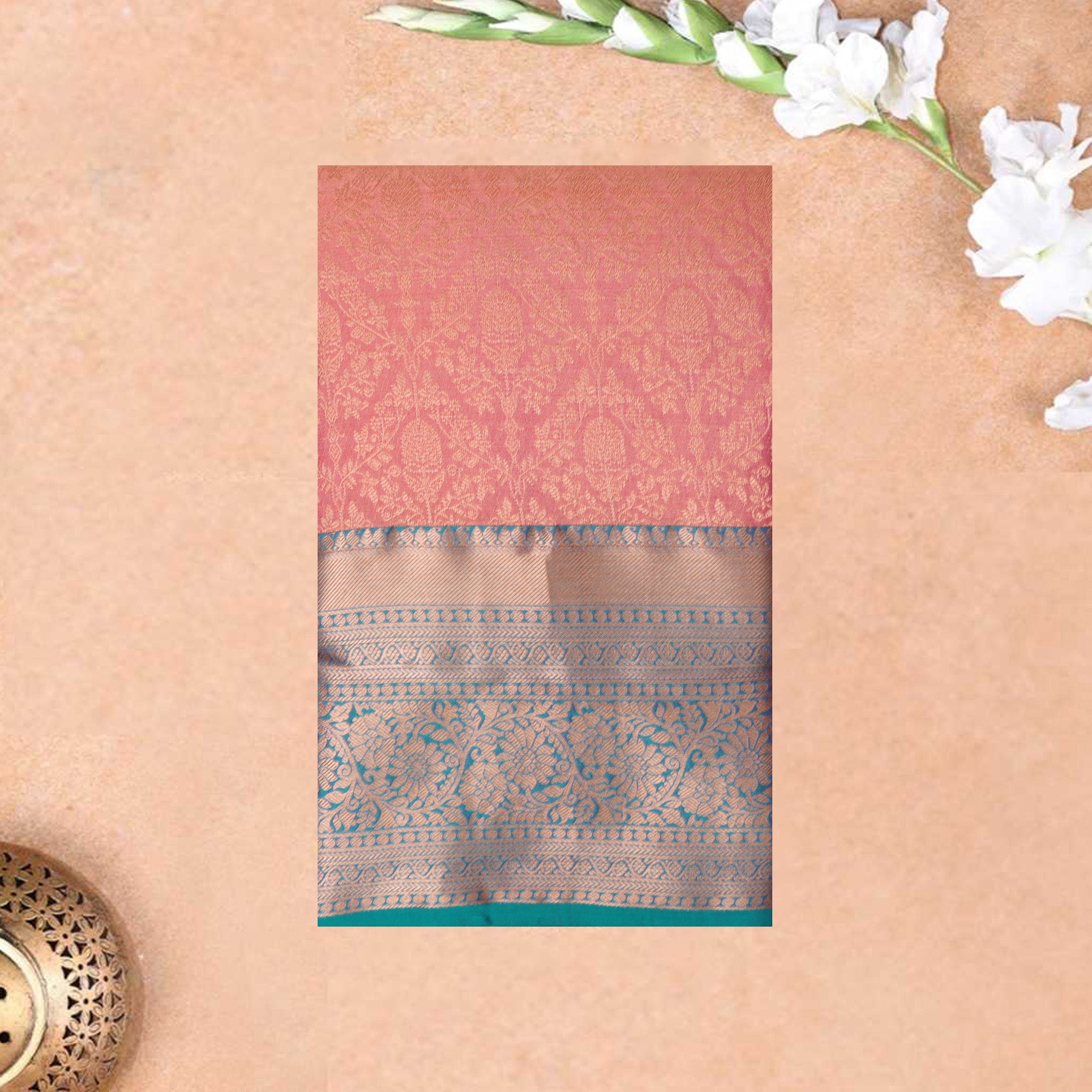 Dark PeachWith Green Wedding Silk Saree