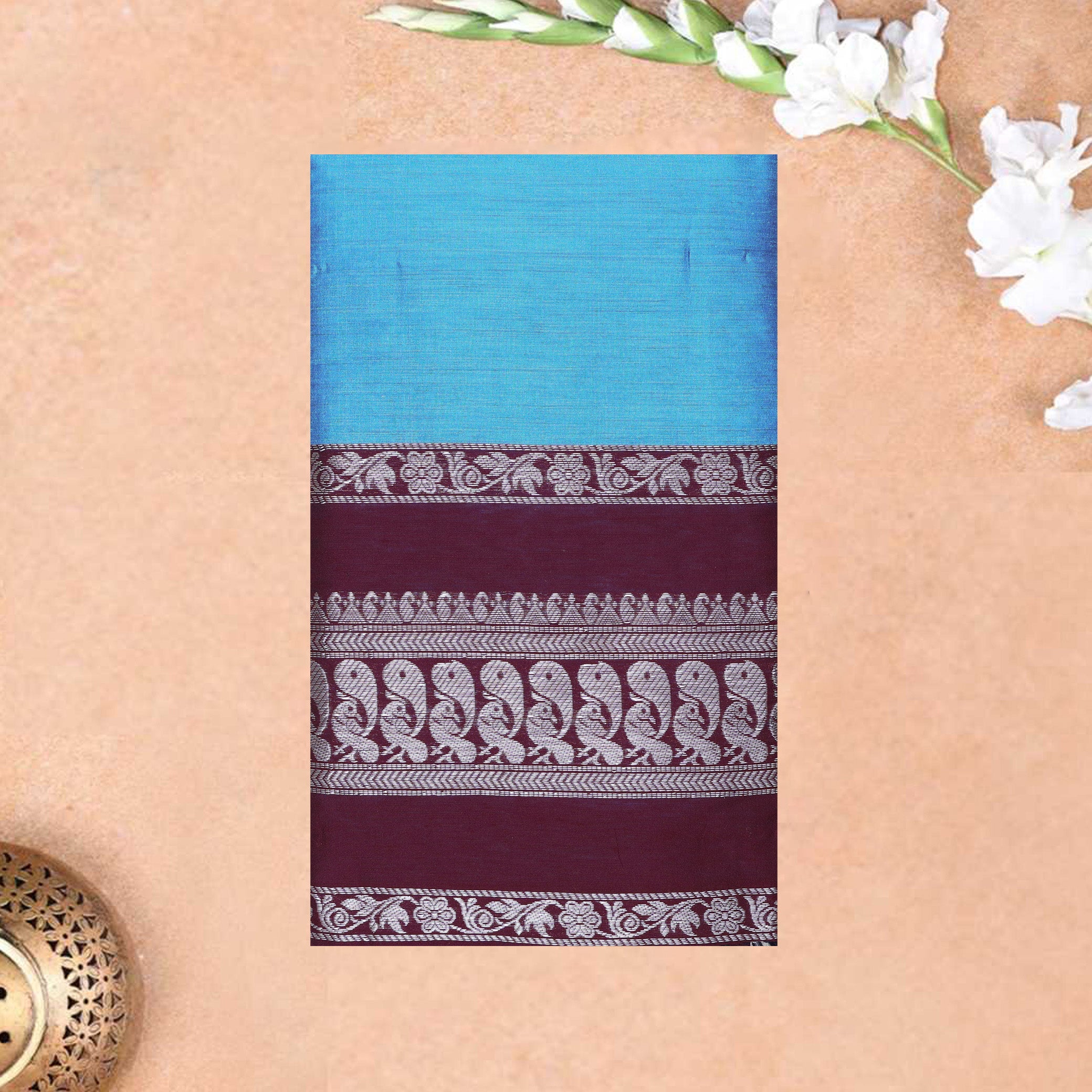 Sky Blue With Wine Red Premium Quality Kalyani Cotton Saree