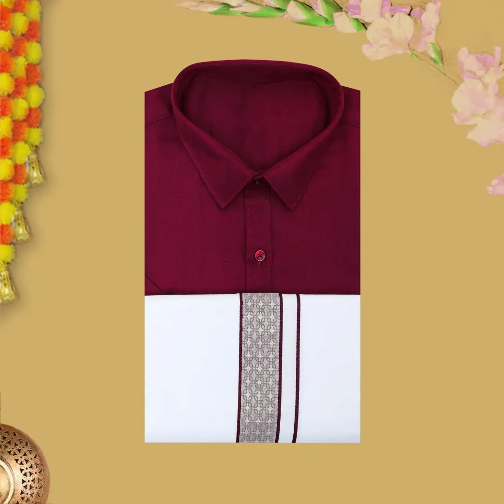 Red With White Cotton Readymade Shirt and Singel Matching Border Dhoti Set For Men