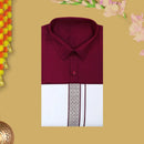 Red With White Cotton Readymade Shirt and Singel Matching Border Dhoti Set For Men