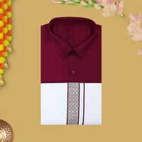 Red With White Cotton Readymade Shirt and Singel Matching Border Dhoti Set For Men