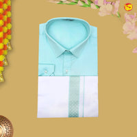 Turquoise Blue With White Readymade Shirt And Matching Border Dhoti Set for Men