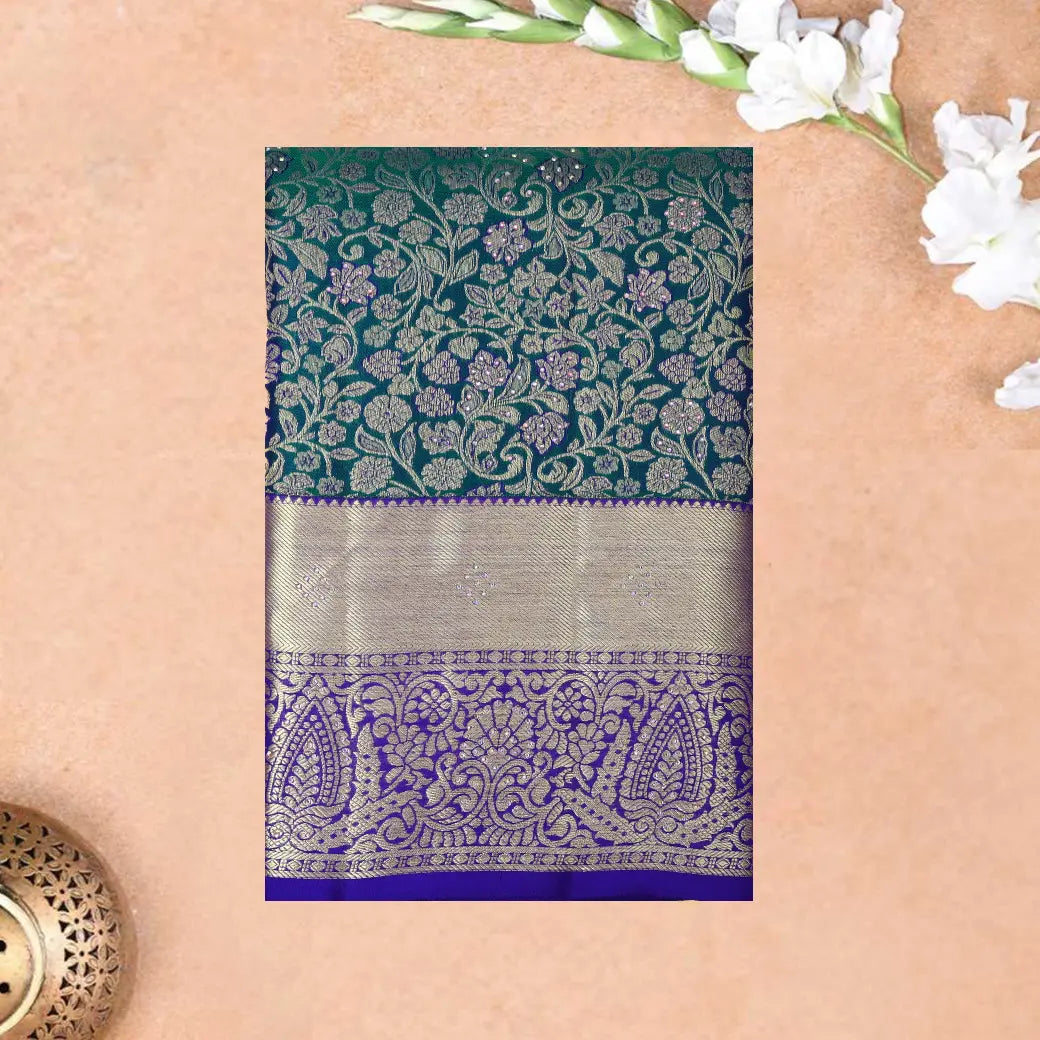 Green  with Purple Gold Zari Border Wedding Silk Saree