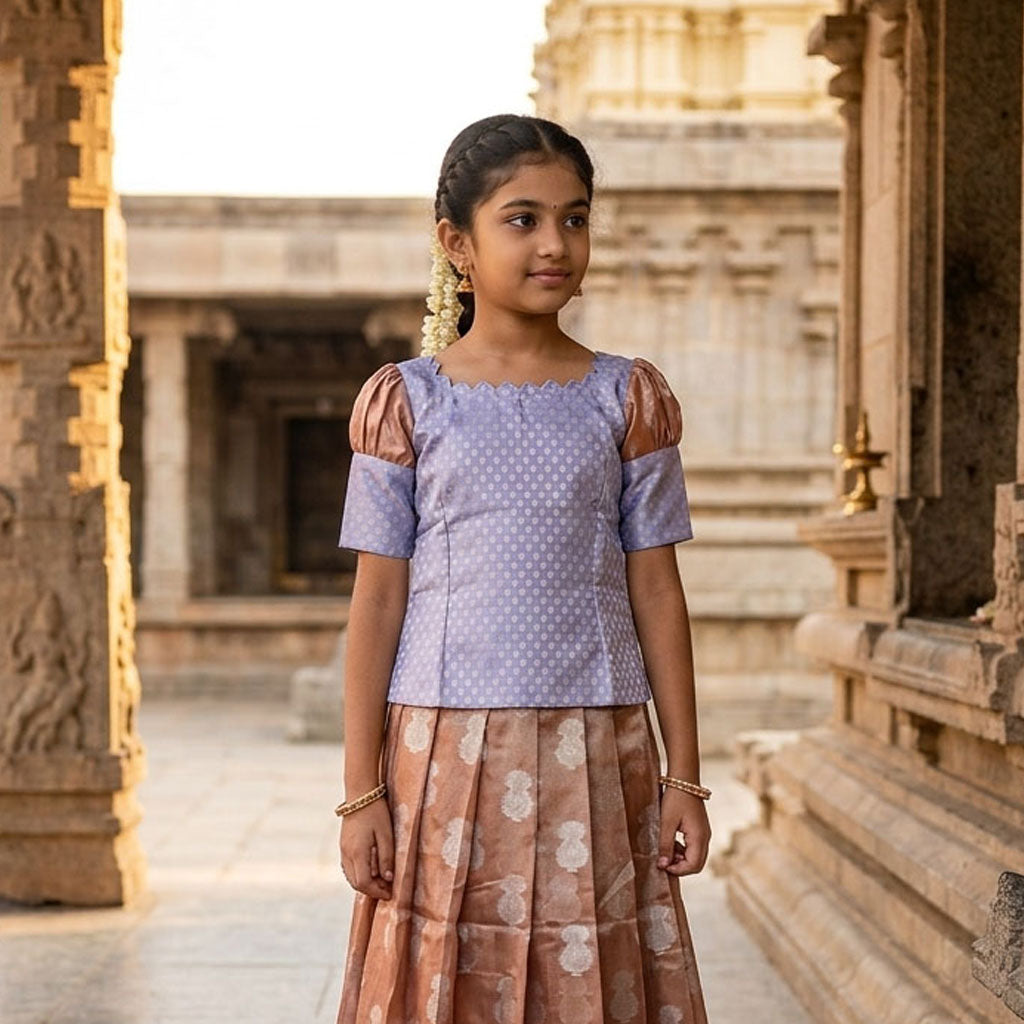 Lavender With Brown Girls Branded Readymade Pattu Pavadai