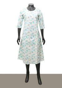 White with Blue Printed Ladies Branded Readymade Long Top