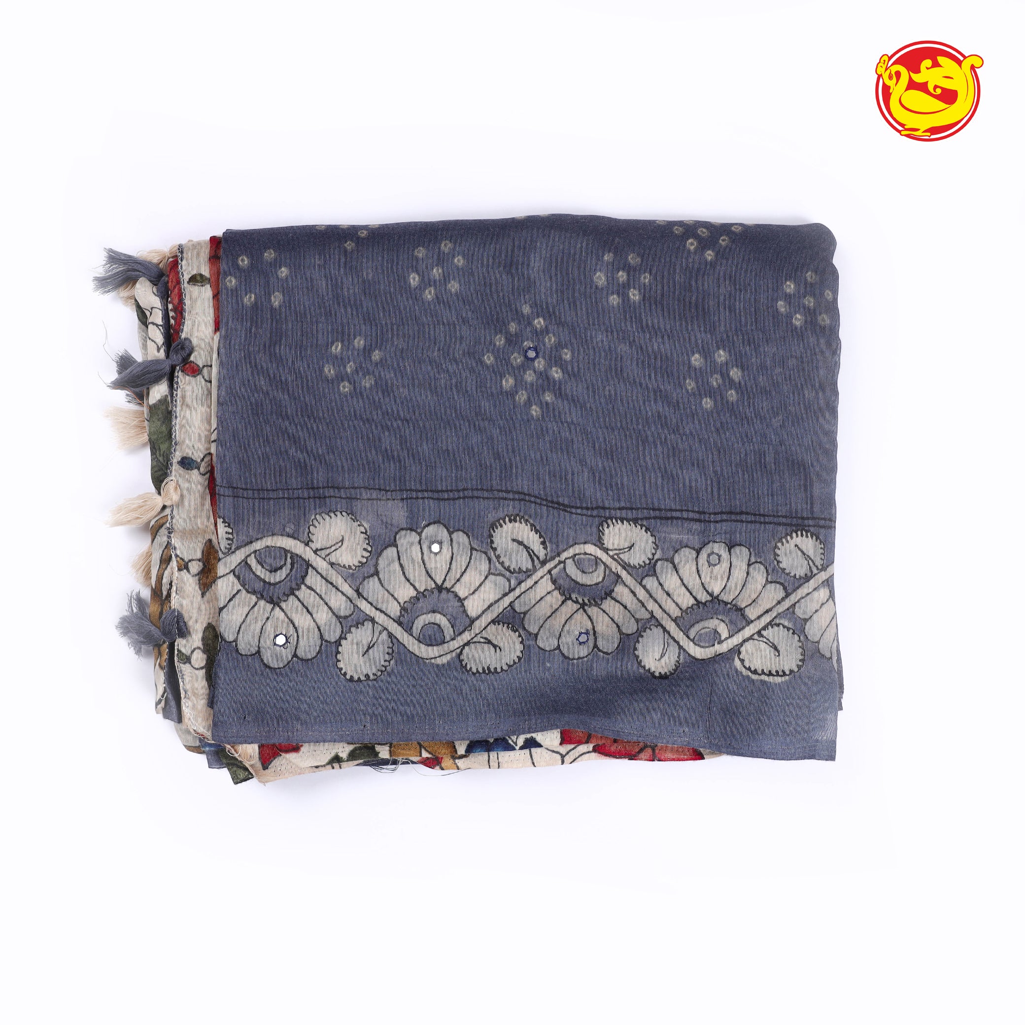 Grey semi linen saree with mirror work embroidery