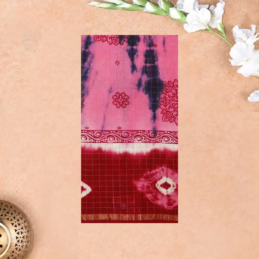 Multicolored,pink and redSungudi Cotton Saree without Blouse