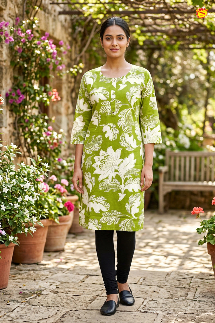 Lime Green With White Floral Design Cotton Ladies Readymade Straight Cut Top
