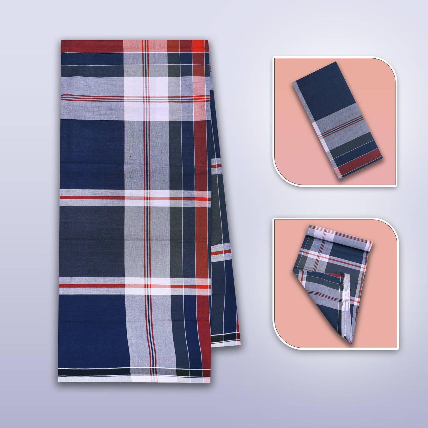 Men’s Navy Blue With Grey Checked Cotton Stitched Lungi