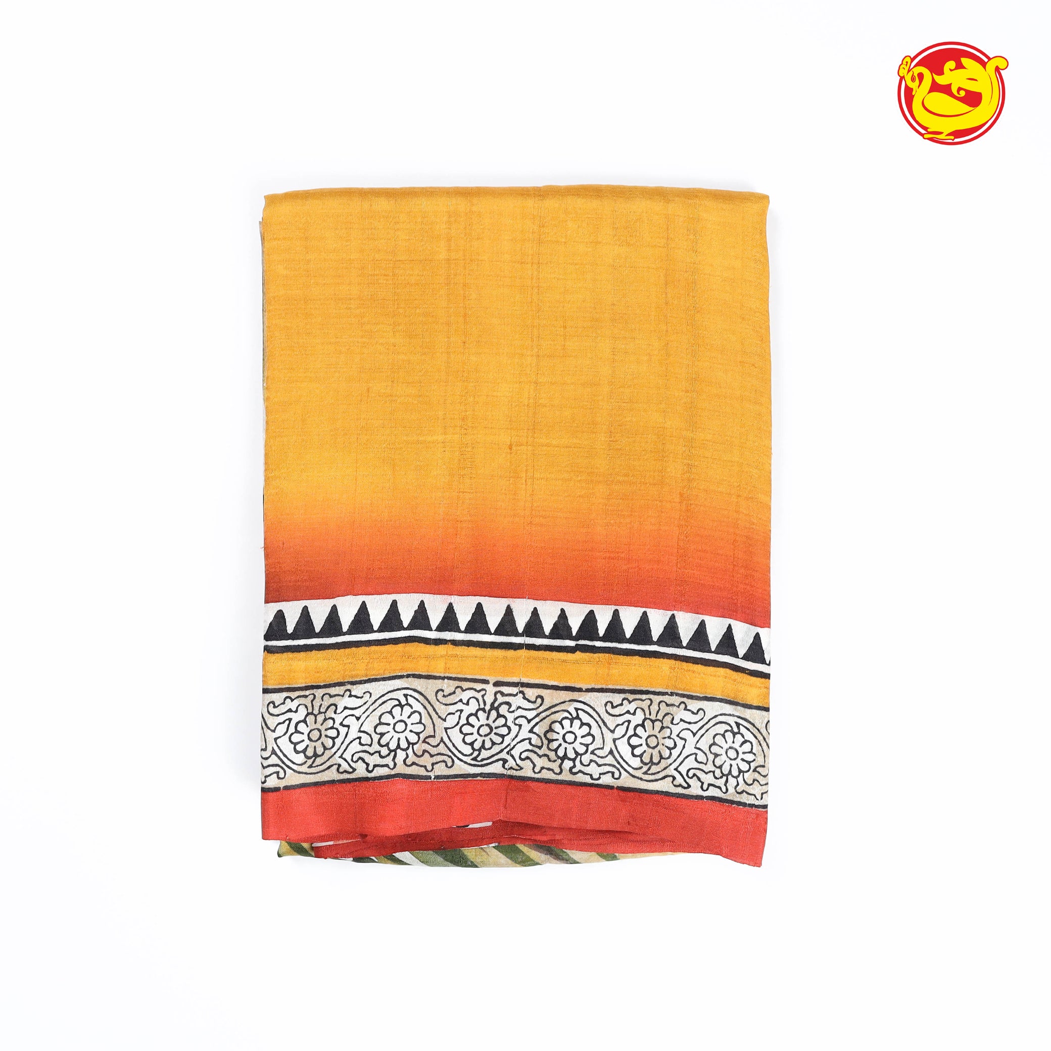 Yellow with orange printed tussar silk saree