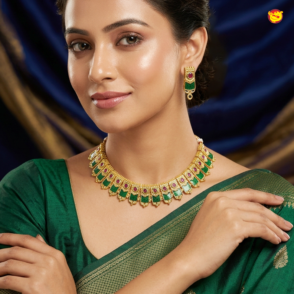 Antique Gold With  Green Stone Necklace matching earrings Set