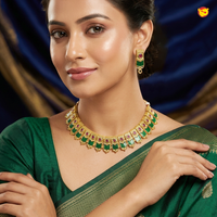 Antique Gold With  Green Stone Necklace matching earrings Set