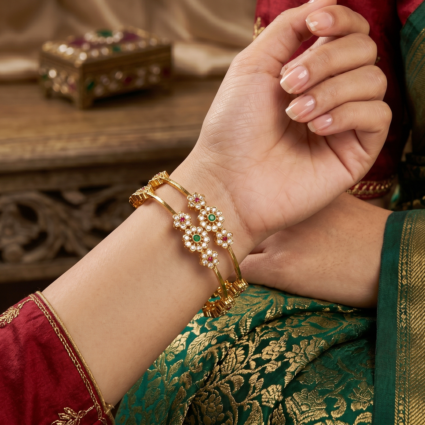 Gold-Plated Floral Design With Ad Stone bangles