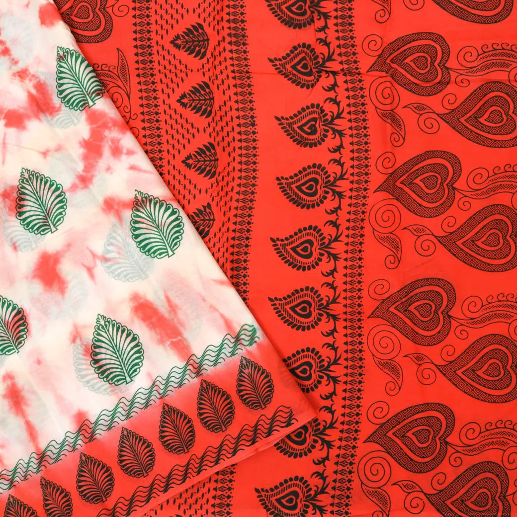 red, orange, white, and green Sungudi Cotton Saree without Blouse