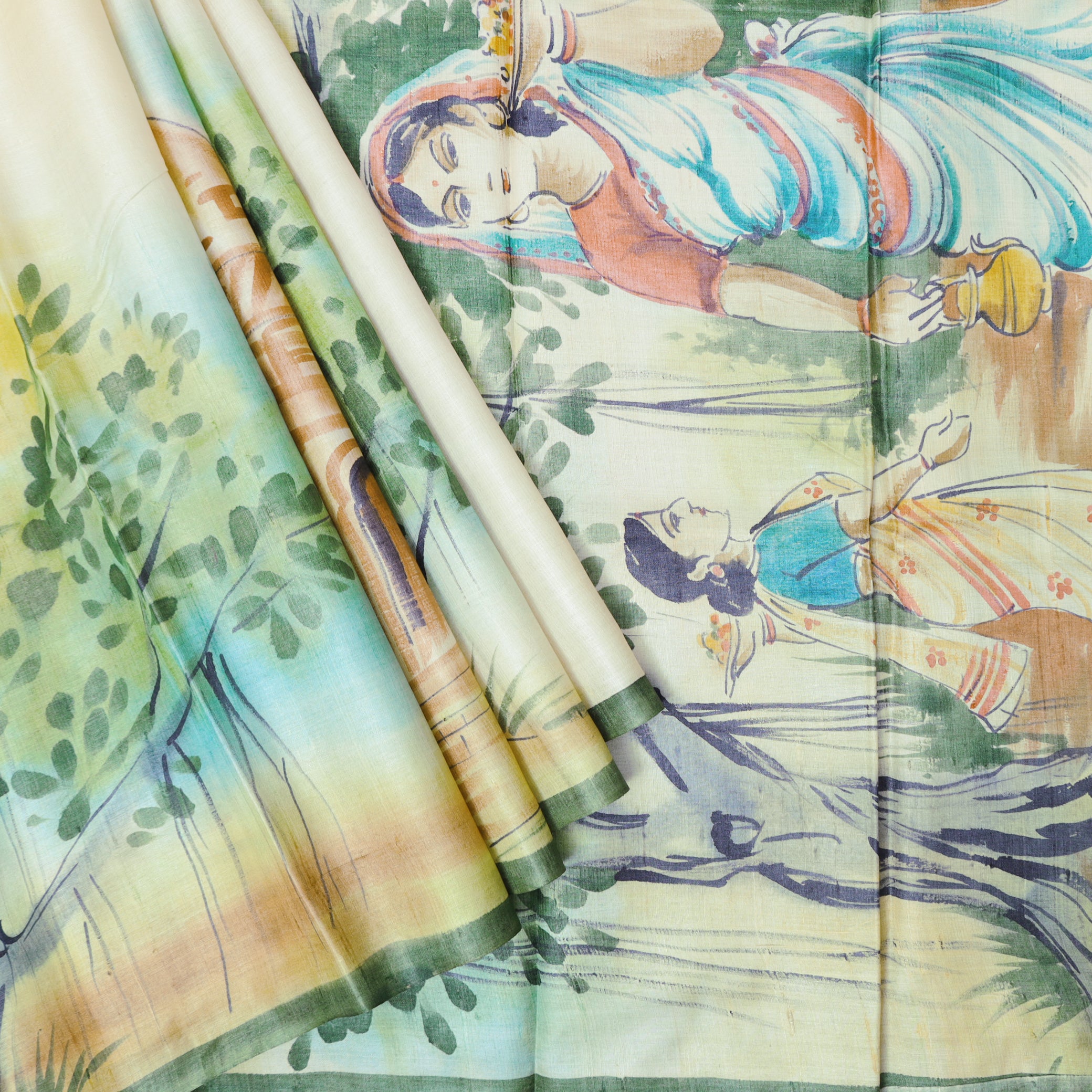 Pure Tussar Silk Saree Multi Colour With Floral Design and Painted Prints and Zari Woven Border