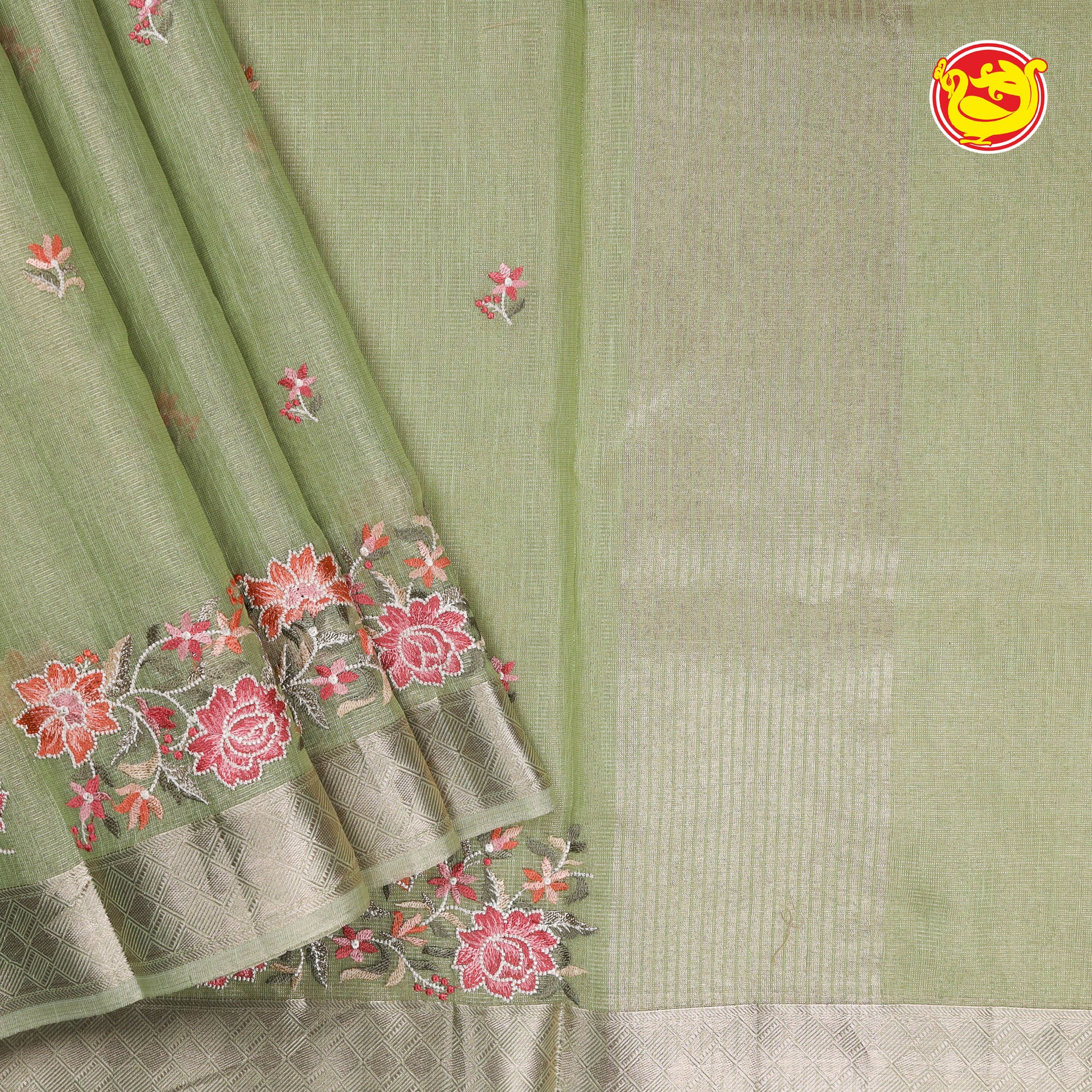 green linen cotton saree with embroidery
