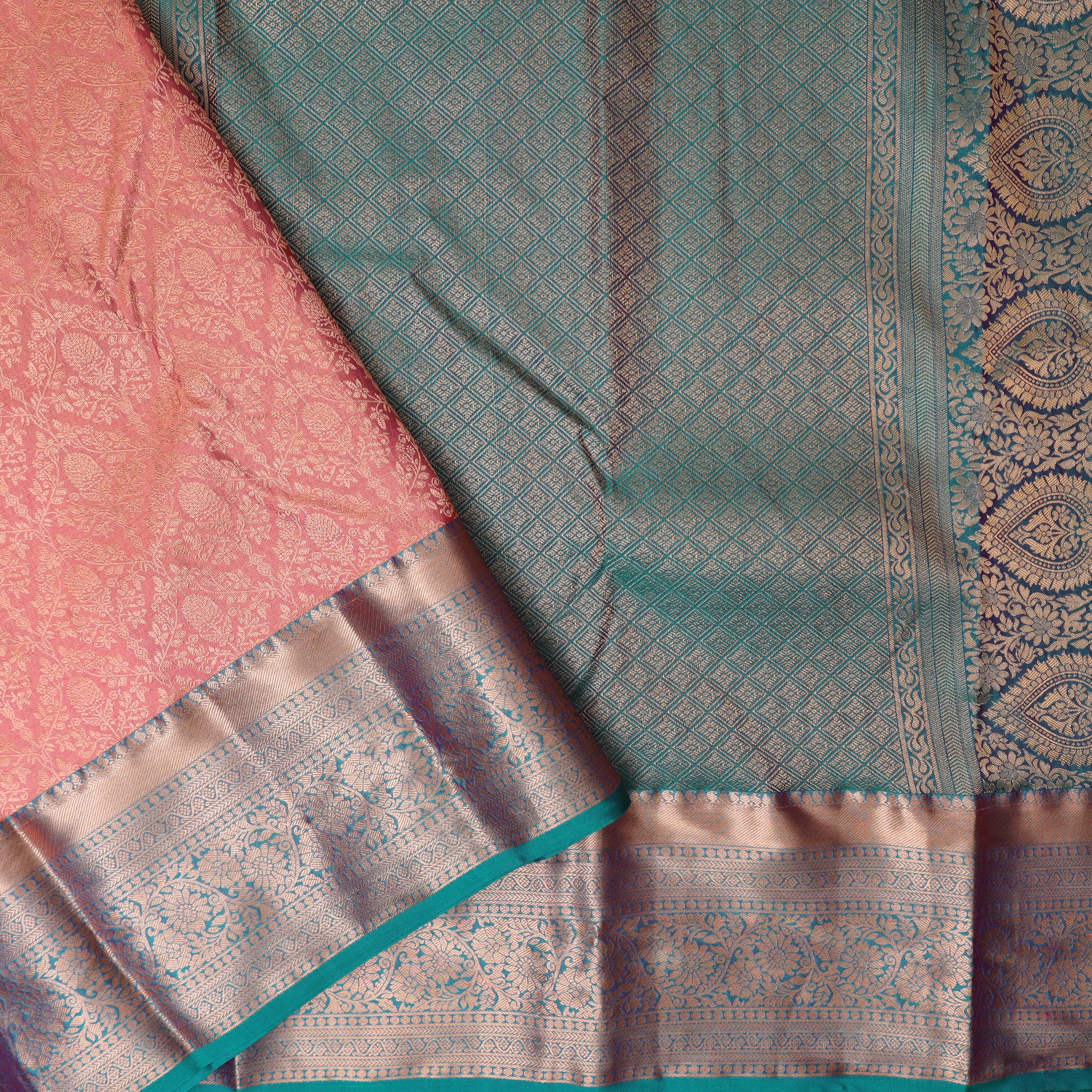 Dark PeachWith Green Wedding Silk Saree
