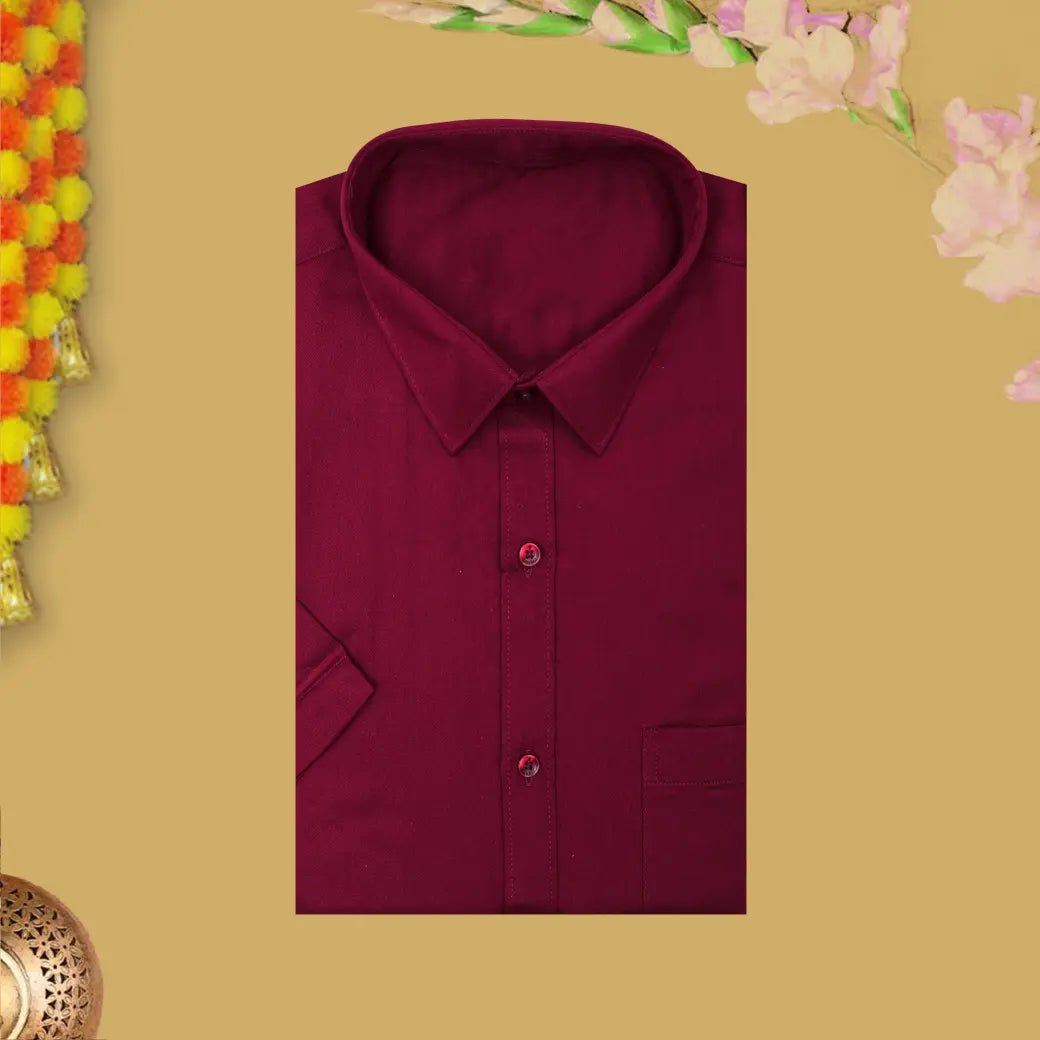Red With White Cotton Readymade Shirt and Singel Matching Border Dhoti Set For Men