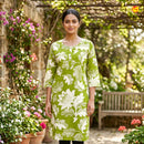 Lime Green With White Floral Design Cotton Ladies Readymade Straight Cut Top