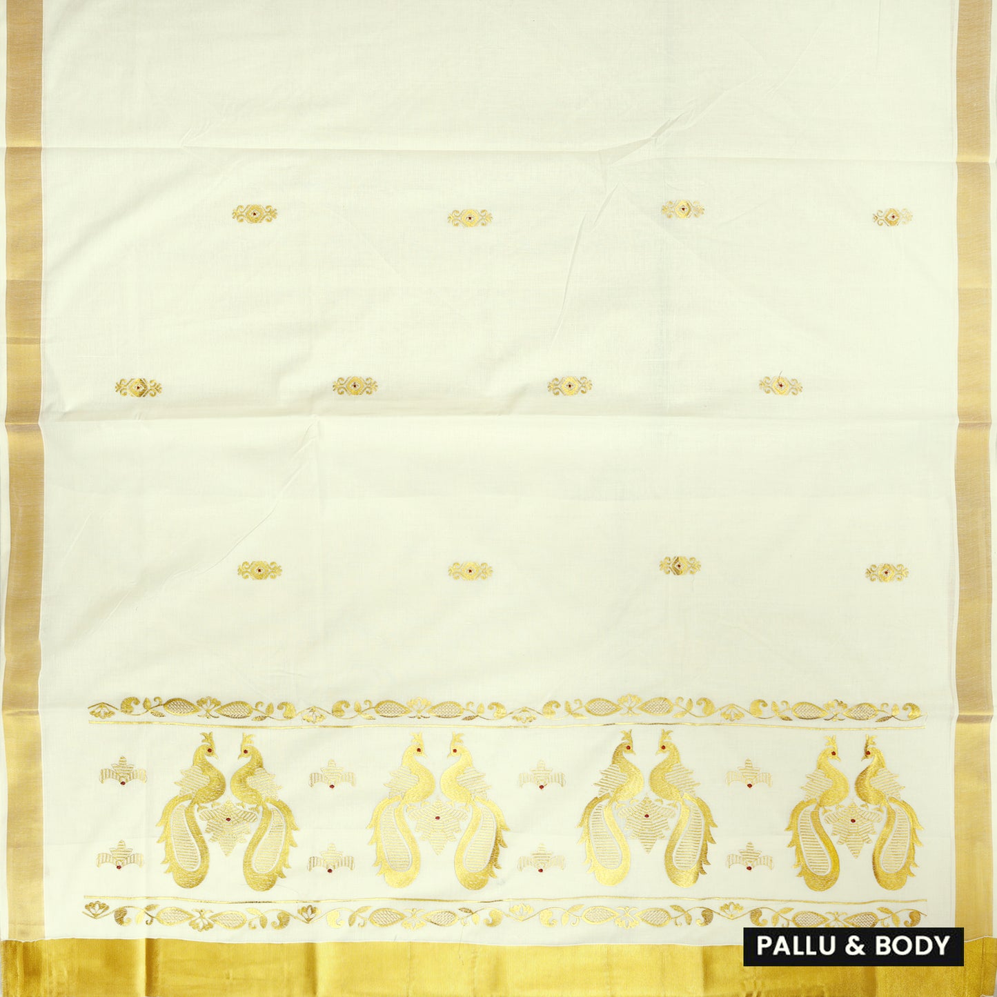Off White With Golden Silk Threaded Peacock Embroidery  traditional kerala onam saree