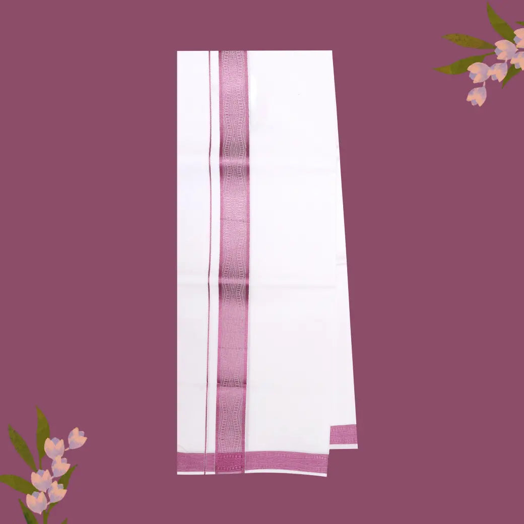 White with Pink Fancy Jari Border Single Layer Cotton Men’s Dhoti