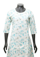 White with Blue Printed Ladies Branded Readymade Long Top