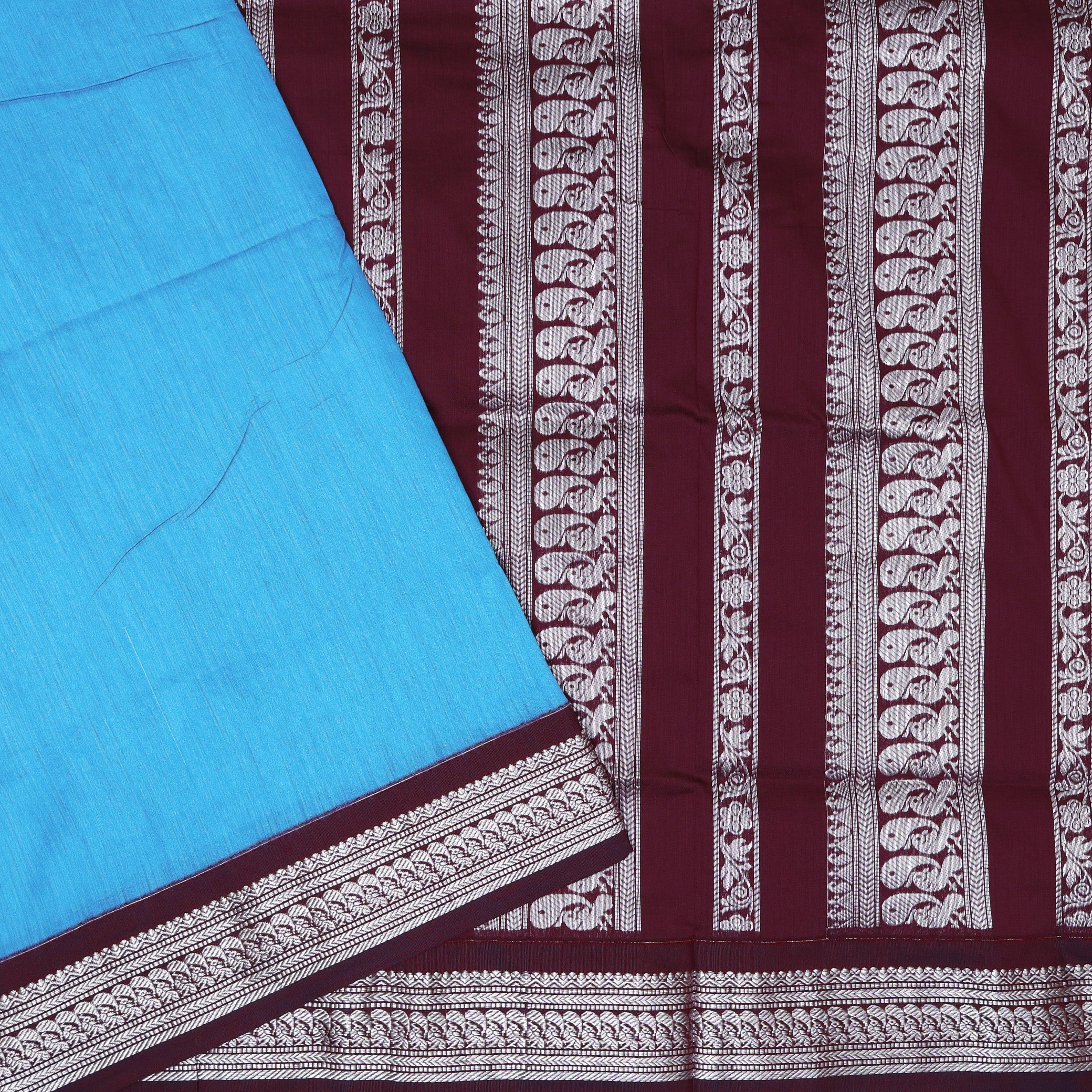 Sky Blue With Wine Red Premium Quality Kalyani Cotton Saree