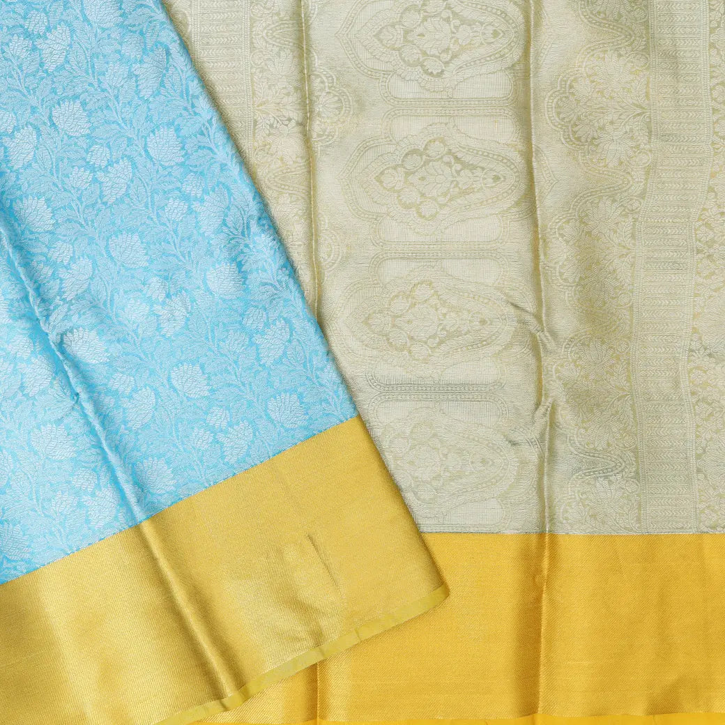 Skyblue with  Golden-Yellow in Leaf Pattern Design Tanchui Silk Saree