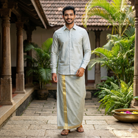 Sap Green Colour Readymade Shirt And Matching Border Dhoti Set For Men
