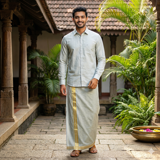 Sap Green Colour Readymade Shirt And Matching Border Dhoti Set For Men