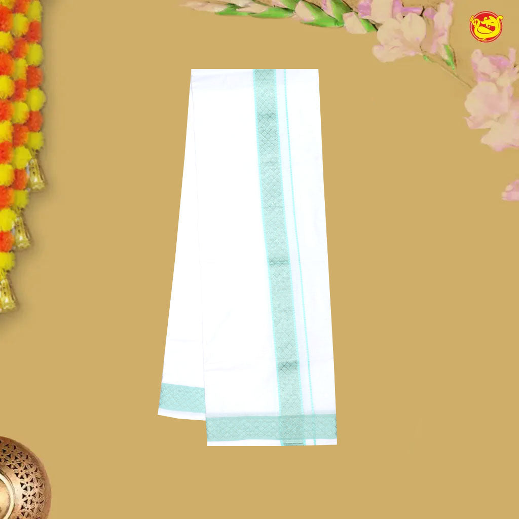 Turquoise Blue With White Readymade Shirt And Matching Border Dhoti Set for Men