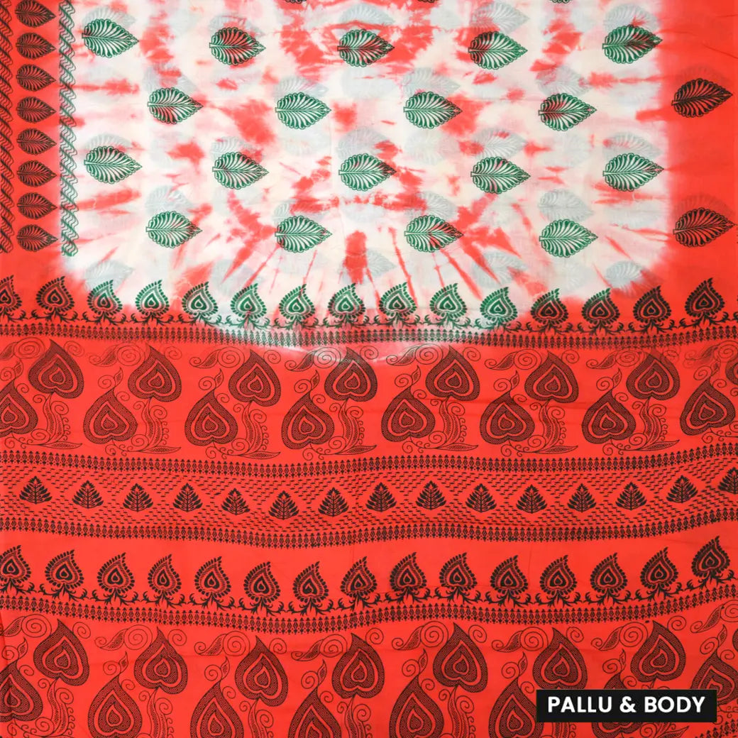 red, orange, white, and green Sungudi Cotton Saree without Blouse