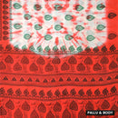 red, orange, white, and green Sungudi Cotton Saree without Blouse